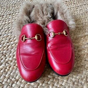 Authentic Gucci Red Fur-Trimmed Flats